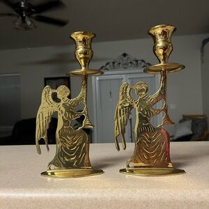 Vintage Brass Angel Candlestick Candle Holder x 2